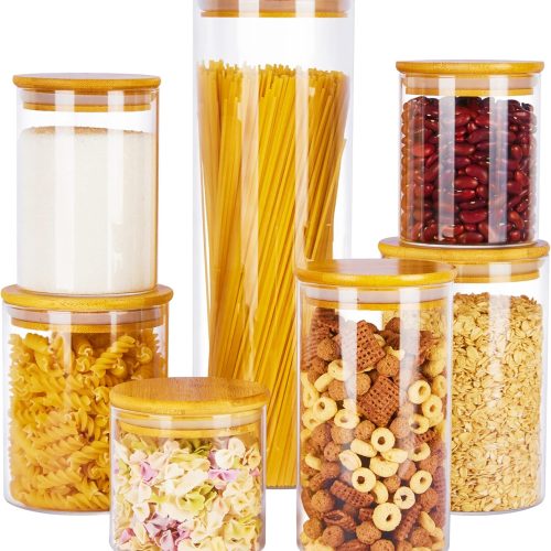 Vtopmart Glass Food Storage Jars, 7 Pack Kitchen Containers with Airtight Bamboo Wooden Lids for Pasta, Cookies, Nuts, Coffee Beans, Cereal, Canisters Set for Flour, Pantry Organization, BPA Free | 7-Pack Multi-Size Canisters Set for Pasta, Cookies, Nuts, Coffee Beans, Cereal, Flour, Pantry Organization, BPA Free