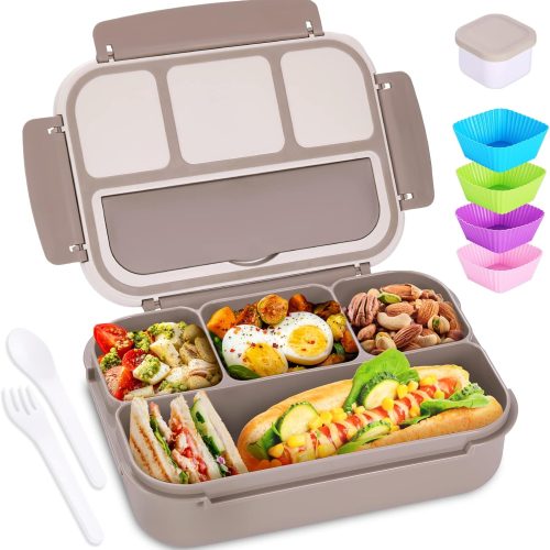 CTPAR-S-396_1 Bento Box Adult Lunch Box, Containers for Adults Men Women with 4 Compartments, Lunchable Food Container with Utensils, Sauce Jar, Muffin Liners, 40 Oz/5 Cup, Microwave & Dishwasher Safe, Brown