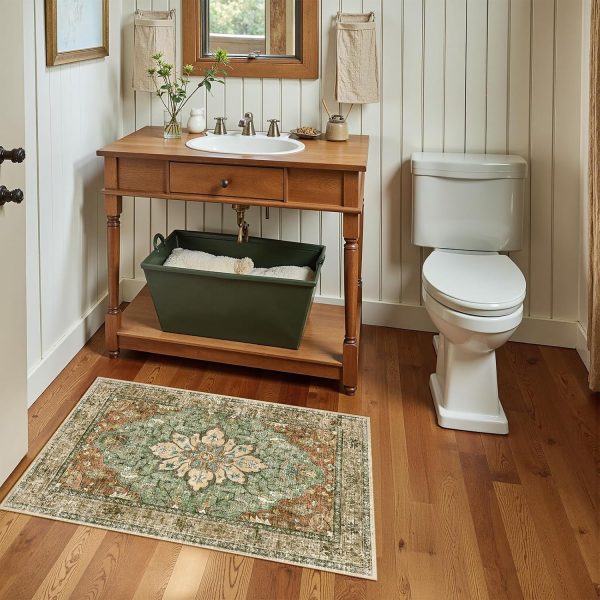 RELEANY Area Rugs Small 2'x3' Washable Non-Slip, Floral Vintage Distress Medallion Carpet for Kitchen Entryway Bathroom, Terracotta Burnt Orange Green