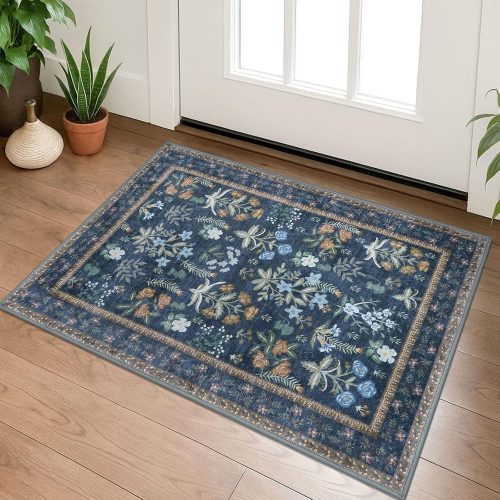 Lansny Washable Entryway Rug 2x3, Navy Floral Kitchen Rug, Super Thin Faux Wool Small Area Rug, Boho Non-Slip Soft Carpet for Foyer, Bedroom, Office