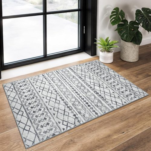 KUTA Washable Rugs for Entryway 2x3 Grey Moroccan Boho Small Area Rug | Non-Slip, Non-Shedding, Low Pile Soft Vintage Geometric Indoor Door Mat for Indoor, Entrance, Kitchen, Bathroom, Bedroom