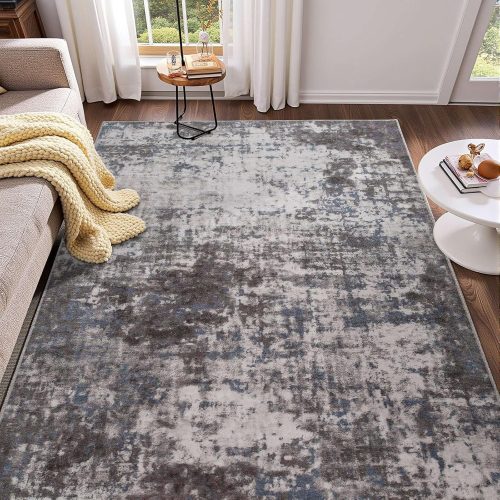 CTPAR-S-747_1 Modern Abstract 3x5 Rug, Non Slip Entryway Rug, Soft Machine Washable Rugs for Indoor Entry, Low Pile Stain Resistant Distressed Rug for Living Room, Bedroom, Dark Grey Blue