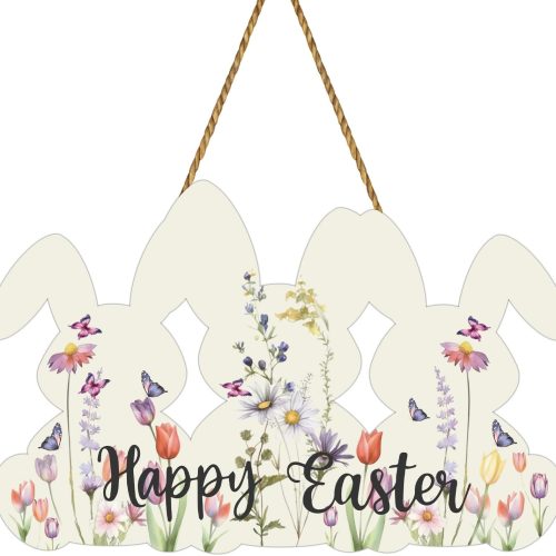 Easter Wreaths for Front Door Happy Easter Door Decorations Bunny Wall Decor Wooden Spring Bunny Flower Front Door Hanger Hanging Sign Decorations for Porch Wall Indoor Home Decor
