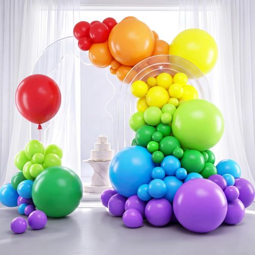 RUBFAC Rainbow Balloon Arch Kit 129pcs Different Sizes Pack of 18 12 10 5 Inch, Latex Colorful Balloons Garland for Birthday Party Decorations