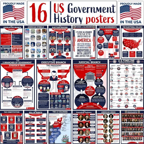 Young N Refined 16 US Government History LARGE poster pack Charts for classrooms 12.5x18 Matt USA MADE