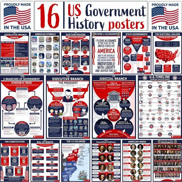 Young N Refined 16 US Government History LARGE poster pack Charts for classrooms 12.5x18 Matt USA MADE