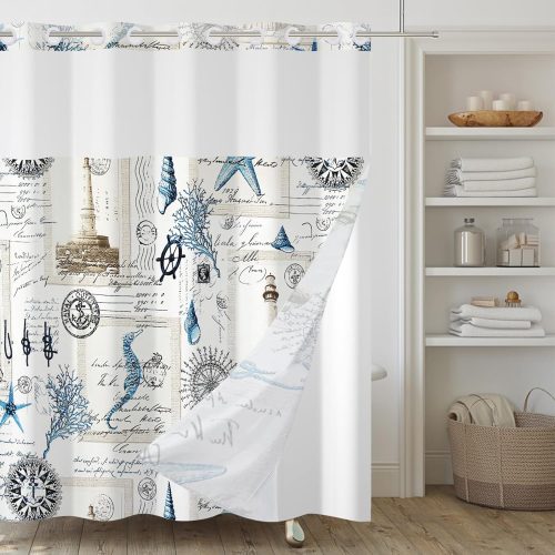 No Hook Shower Curtain,Nautical Double-Layered Shower Curtain with Snap-in Liner and Weights,Vintage Ocean Sea Coastal Theme Fabric Bath Curtain with See Through Mesh, 71x74in