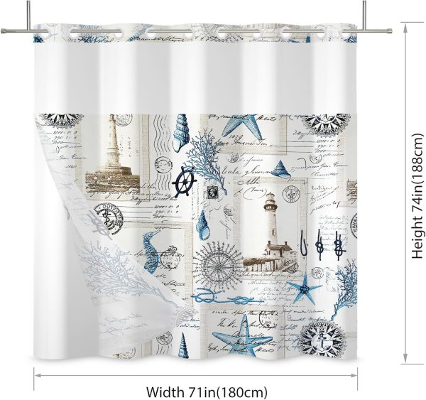 CTS103704JK_2 No Hook Shower Curtain,Nautical Double-Layered Shower Curtain with Snap-in Liner and Weights,Vintage Ocean Sea Coastal Theme Fabric Bath Curtain with See Through Mesh, 71x74in