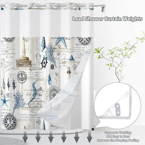 CTS103704JK_3 No Hook Shower Curtain,Nautical Double-Layered Shower Curtain with Snap-in Liner and Weights,Vintage Ocean Sea Coastal Theme Fabric Bath Curtain with See Through Mesh, 71x74in