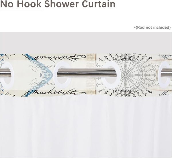 CTS103704JK_4 No Hook Shower Curtain,Nautical Double-Layered Shower Curtain with Snap-in Liner and Weights,Vintage Ocean Sea Coastal Theme Fabric Bath Curtain with See Through Mesh, 71x74in