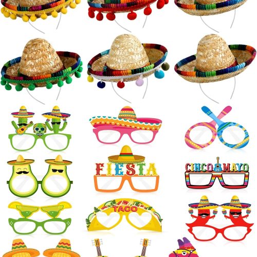 Janinka 18 Pcs Fiesta Mexican Sombrero Hats colorful Headbands Paper Mexican Eyeglasses Cinco De Mayo for Celebrations