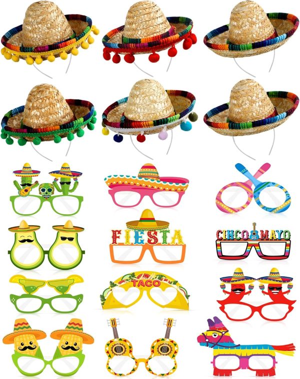 Janinka 18 Pcs Fiesta Mexican Sombrero Hats colorful Headbands Paper Mexican Eyeglasses Cinco De Mayo for Celebrations