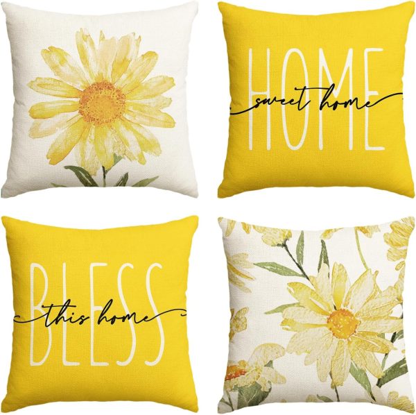 CTSEV-AP-009_1 AVOIN colorlife Home Sweet Home Spring Summer Flowers Yellow Throw Pillow Covers, 20 x 20 Inch Cushion Case for Sofa Couch Set of 4