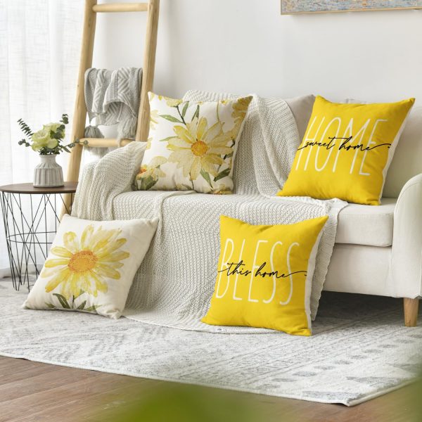 CTSEV-AP-009_2 AVOIN colorlife Home Sweet Home Spring Summer Flowers Yellow Throw Pillow Covers, 20 x 20 Inch Cushion Case for Sofa Couch Set of 4