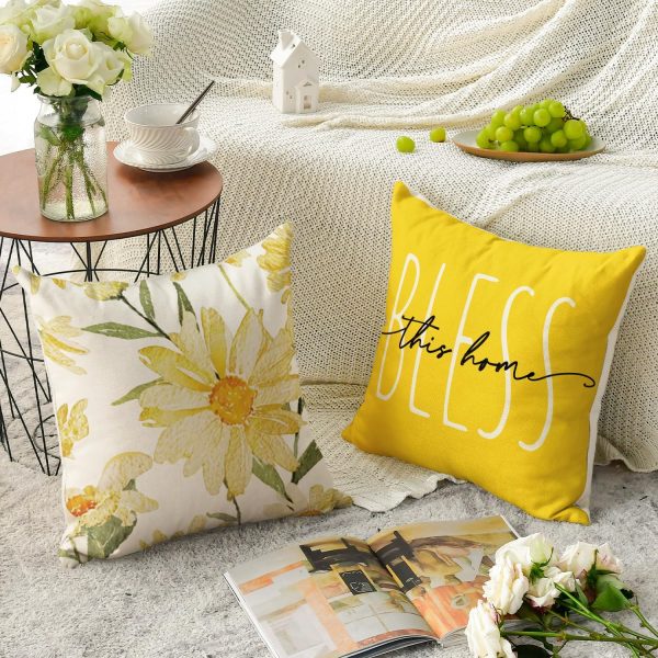 CTSEV-AP-009_4 AVOIN colorlife Home Sweet Home Spring Summer Flowers Yellow Throw Pillow Covers, 20 x 20 Inch Cushion Case for Sofa Couch Set of 4