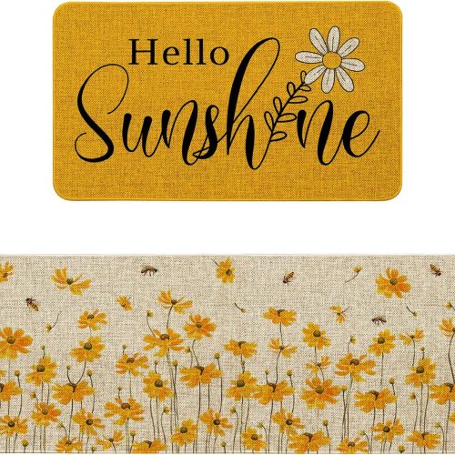 Hello Sunshine Yellow Daisy Spring Flower Summer Kitchen Rugs Sets of 2 Non Slip Washable, Spring Summer Floral Kitchen Mats for Floor 2 Piece Home Decor