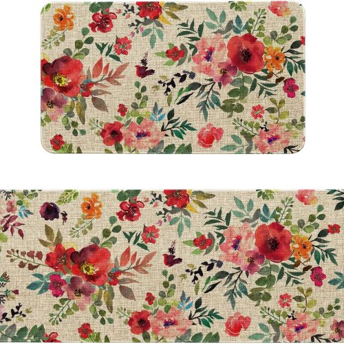 Red Pink Floral Kitchen Rugs Sets of 2 Non Slip Washable, Country Farmhouse Spring Flower Kitchen Mats for Floor 2 Piece Indoor Home Decor