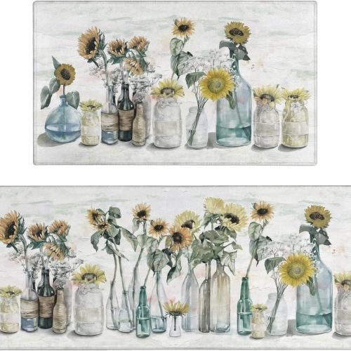 Sunflower Farmhouse Kitchen Rugs Set of 2,Colorful Spring Summer Flowers Kitchen Rugs and Mats Non Skid Washable,Farmhouse Kitchen Runner Rugs with Rubber Backing (17"x48"+17"x30")