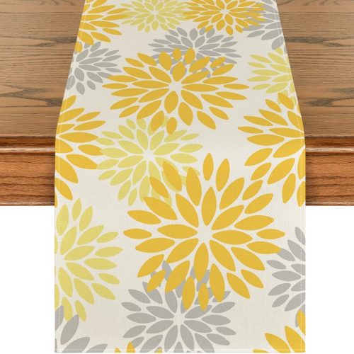 Artoid Mode Yellow Dahlia Floral Pinnata Summer Table Runner, Seasonal Spring Holiday Kitchen Dining Table Decoration for Home Party Decor 13x72 Inch