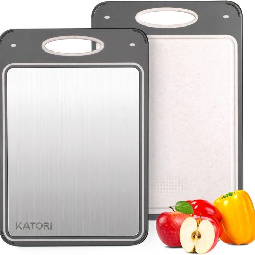 CTSEV-AP-088_1 Katori Titanium Cutting Boards for Kitchen - Non Toxic Double Sided Metal for Meat/Fish & Wheat Straw PP for Fruits/Vegetables, Dishwasher Safe, Hygienic, Pure Titanium Easy Clean Chopping Board
