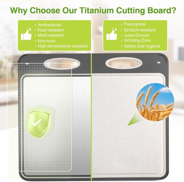 Katori Titanium Cutting Boards for Kitchen - Non Toxic Double Sided Metal for Meat/Fish & Wheat Straw PP for Fruits/Vegetables, Dishwasher Safe, Hygienic, Pure Titanium Easy Clean Chopping Board