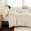 WONGS BEDDING Beige Ruffle Queen Comforter,Boho Shabby Chic Bedding for Queen Bed,Soft Seersucker Farmhouse Bedding Set with 1 Ruffled Comforter,2 Tufted Pillowcases 90"×90"