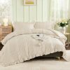 WONGS BEDDING Beige Ruffle Queen Comforter,Boho Shabby Chic Bedding for Queen Bed,Soft Seersucker Farmhouse Bedding Set with 1 Ruffled Comforter,2 Tufted Pillowcases 90"×90"