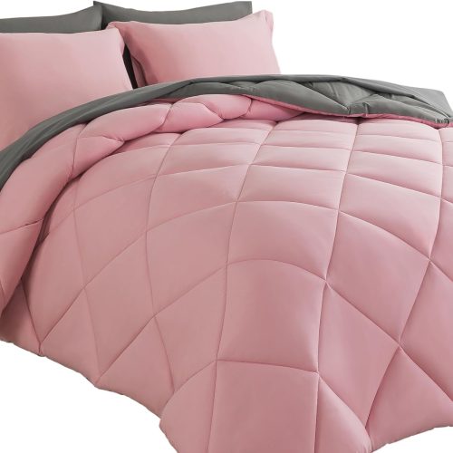 CTSEV-AP-1137_1 Cosybay Bed in a Bag Queen Comforter Sets 7pcs All Season Solid Down Alternative Bedding Sets Pink and Grey with Comforter, Pillow Shams, Flat Sheet, Fitted Sheet and Pillowcases
