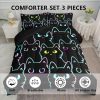 Axolotl Kids Bedding Cartoon Cat Comforter Set Twin Size,Gradient Line Cute Cat Bedding Set for Teens Boys Girls Adults Room Decor,Kids Comforter Set All Season,1 Comforter 2 Pillow Cases,Black