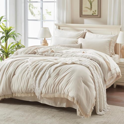 Andency King Comforter Set, 7 Pieces Beige Bedding | Boho Bed in a Bag, Soft Lightweight, Fringe Bed Set with Comforter(104x90), Sheets, Pillowcases & Shams