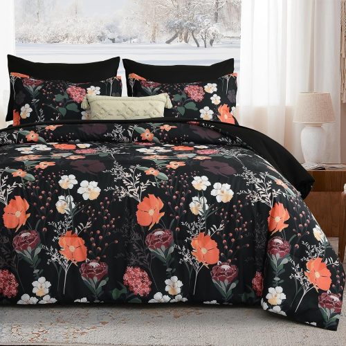 Yiran Twin Comforter Set Floral, 5 Piece Bed in a Bag Black Red Bedding Set Lightweight Comforters with Flowers for Women Girls, Soft Breathable Botanical Complete Set with Sheets for All Season