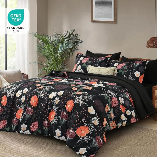 CTSEV-AP-1183_2 Yiran Twin Comforter Set Floral, 5 Piece Bed in a Bag Black Red Bedding Set Lightweight Comforters with Flowers for Women Girls, Soft Breathable Botanical Complete Set with Sheets for All Season