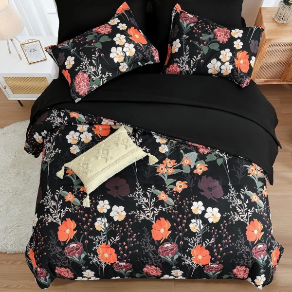 CTSEV-AP-1183_3 Yiran Twin Comforter Set Floral, 5 Piece Bed in a Bag Black Red Bedding Set Lightweight Comforters with Flowers for Women Girls, Soft Breathable Botanical Complete Set with Sheets for All Season