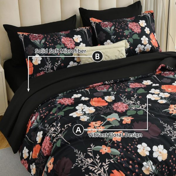 CTSEV-AP-1183_4 Yiran Twin Comforter Set Floral, 5 Piece Bed in a Bag Black Red Bedding Set Lightweight Comforters with Flowers for Women Girls, Soft Breathable Botanical Complete Set with Sheets for All Season
