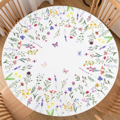 Spring Summer Floral Round Fitted Tablecloth with Elastic Edge 40-44 Inch Wildflower Butterfly Table Cover Washable Rustic Farmhouse Table Cloth for Kitchen Dining Easter Party Decor