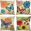 wyooxoo Spring Summer Pillow Covers 18x18 Set of 4 Farmhouse Throw Pillow Covers Linen Flower Butterfly Decorative Pillowcases for Sofa Couch Living Room Outdoor
