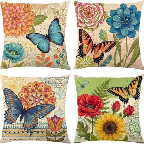 CTSEV-AP-1490_1 wyooxoo Spring Summer Pillow Covers 18x18 Set of 4 Farmhouse Throw Pillow Covers Linen Flower Butterfly Decorative Pillowcases for Sofa Couch Living Room Outdoor