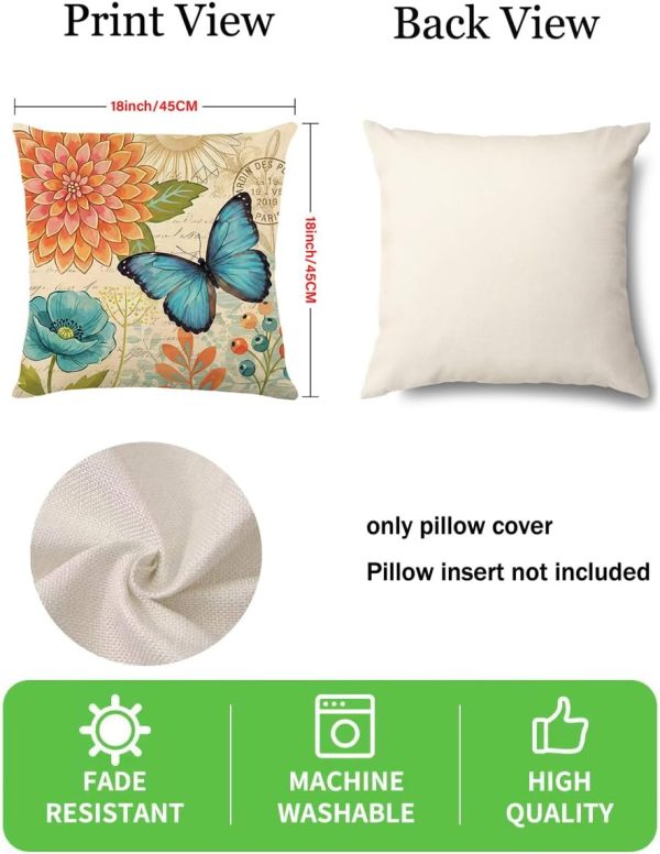 wyooxoo Spring Summer Pillow Covers 18x18 Set of 4 Farmhouse Throw Pillow Covers Linen Flower Butterfly Decorative Pillowcases for Sofa Couch Living Room Outdoor