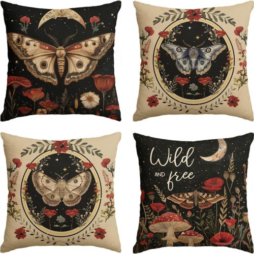 CTSEV-AP-1515_1 AVOIN colorlife Wild and Free Forest Butterfly Halloween Throw Pillow Covers, 18 x 18 Inch Mushrooms Moon and Moth Cushion Case Decoration for Sofa Couch Farmhouse Set of 4