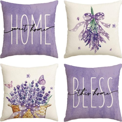 CTSEV-AP-1534_1 AVOIN colorlife Lavender Home Sweet Home Spring Throw Pillow Covers, 18 x 18 Inch Purple Summer Cushion Case for Sofa Couch Set of 4