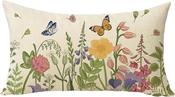 Spring Summer Wildflowers Lumbar Decorative Throw Pillow Cover 12 x 20 | Rectangular Flower Floral Outdoor Home Decor, Seasonal Butterfly Couch Cushion Case