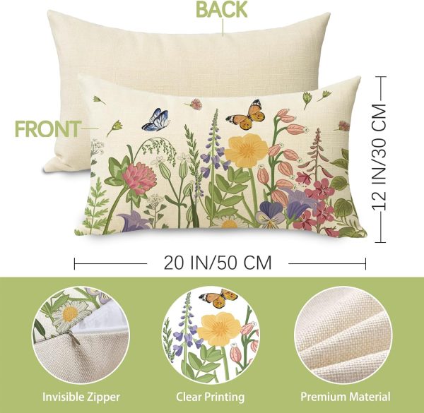 Spring Summer Wildflowers Lumbar Decorative Throw Pillow Cover 12 x 20 | Rectangular Flower Floral Outdoor Home Decor, Seasonal Butterfly Couch Cushion Case