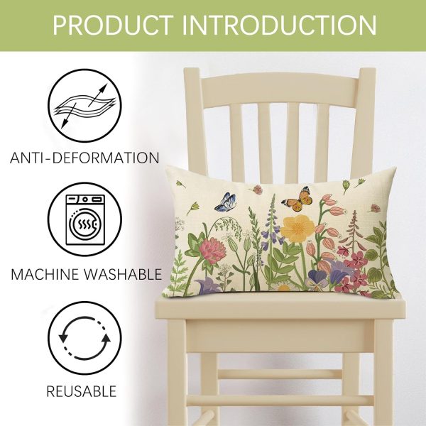 Spring Summer Wildflowers Lumbar Decorative Throw Pillow Cover 12 x 20 | Rectangular Flower Floral Outdoor Home Decor, Seasonal Butterfly Couch Cushion Case