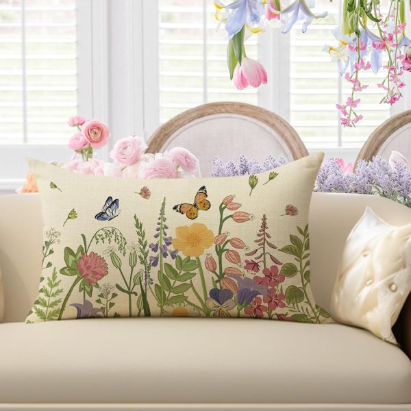 Spring Summer Wildflowers Lumbar Decorative Throw Pillow Cover 12 x 20 | Rectangular Flower Floral Outdoor Home Decor, Seasonal Butterfly Couch Cushion Case