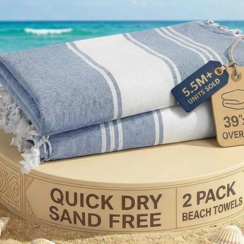 LANE LINEN Turkish Beach Towels, 2 Pack Extra Large Beach Towel, Pre-Washed for Soft Feel, Oversized Sand Free Quick-Dry Pool Towel, Beach Towels for Adults, 39"x71" - Forever Blue