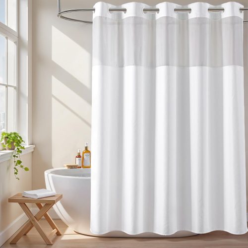 CTSEV-AP-1730_1 River Dream White No Hook Fabric Shower Curtain or Liner with Sheer Window, No Liner Included or Needed, Water Repellent, Machine Washable, 71" Wx74"L