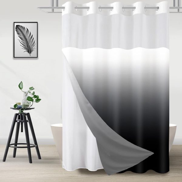 No Hook Shower Curtain with Snap in Liner, Black and White Shower Curtains and Liner Set, Ombre Black Hotel Fabric Bath Curtain for Bathroom, Mesh Top Window Waterproof Washable, 71" x 74"