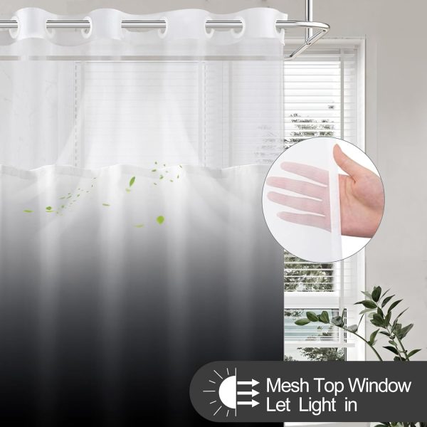 No Hook Shower Curtain with Snap in Liner, Black and White Shower Curtains and Liner Set, Ombre Black Hotel Fabric Bath Curtain for Bathroom, Mesh Top Window Waterproof Washable, 71" x 74"