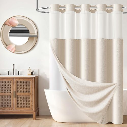 CTSEV-AP-1733_1 BTTN Ringless Shower Curtain Set, Linen Textured Fabric Shower Curtain with Snap-in Liner, Waterproof & Washable, Modern Hotel Shower Curtain for Bathroom with Mesh Top Window, 72x75, Beige/Cream