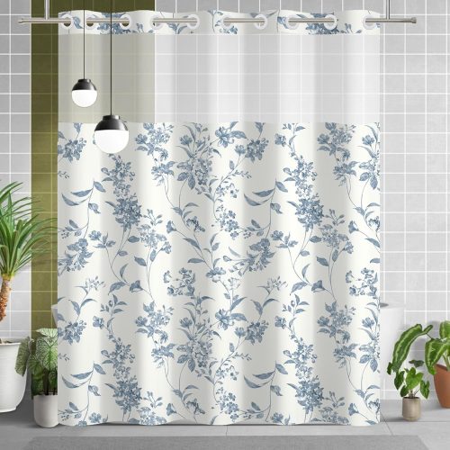 No Hook Flower Shower Curtain with Snap in Liner 71 x 74Inch | Blue Floral Botanical Waterproof Bath Curtain with Mesh Top Window for Modern Farmhouse Bathroom